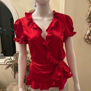 Sunny Taylor Red Puff Sleeve Wrap Blouse